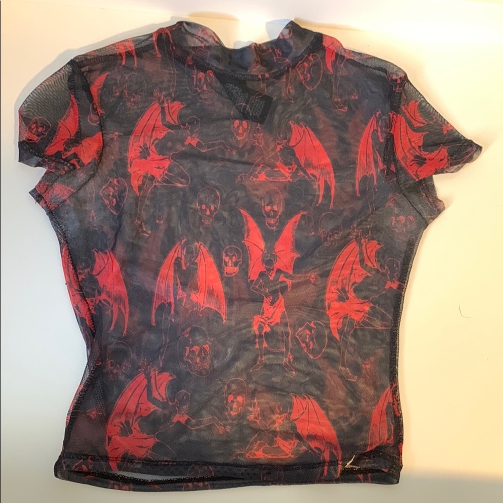 Red and Black Mesh Top with Bat & skull print